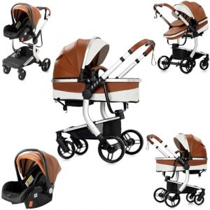 Nine point nine Cuir PU Poussette 3 en 1, Poussette Bebe avec Double Modes de Poussée Réversibles, Poussette Canne avec Grande Nacelle Confortable, Pousette Cadre Aluminium Haute Paysage (518 Khaki) (Kaiwen baby products, neuf)