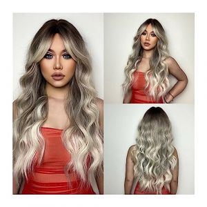 Perruques de cheveux humains Ombre cendré brun blond synthétique perruques for femmes longues ondulées gris platine perruques avec frange quotidien cosplay naturel faux cheveux Perruques pour femmes (linjie20248, neuf)