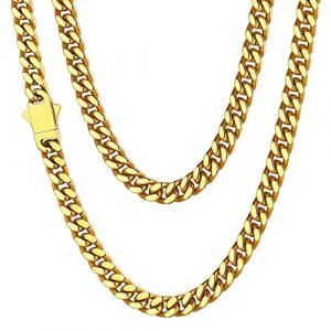 Chaîne Homme Acier Inoxydable Massif Or Plaque Longue Maille Collier Cubaine 76 cm Pour Pendentif Or Plaque Gourmette Femme Garçon Enfant Ras de Cou Gros Cadeau Fêtes Pères Noël 56g (ChainsHouse Jewellery, neuf)