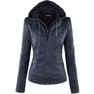 Newbestyle Femme &agrave; Capuche Veste Simili Cuir Femme Moto Style Manteau,Dark blue,XL (Newbestyle, neuf)
