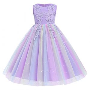IWEMKE Enfants Filles Robe Mariage Tulle Dentelle Robe Princesse Longue Fleur Brod&eacute;e Soir&eacute;e Demoiselle d'honneur Robe Tutu sans Manches Pageant Bapt&ecirc;me F&ecirc;te Anniversaire Carnaval Violet 3-4 Ans (IWEMEK, neuf)