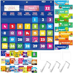 Tableau de poche calendrier, tableau de poche mensuel pour salle de classe avec 76 cartes (68 cartes d'activités illustrées, 8 cartes vierges effaçables à sec) plus 3 cintres en métal pour porte (Spritegru, neuf)