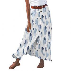 Jupe Mi-Longue Trapèze Femme Coton à Taille Élastique Décontractée Jupe Plissée Boutonnée sur Devant Jupes pour Printemps et été décontractée Ample Couleur Unie Jupes trapèze avec Poches Taille (Kincool, neuf)