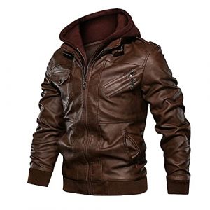 Generisch Veste d'hiver pour homme - Veste blouson pour homme - Hiver Loisirs - Courte &eacute;paisseur - Veste en cuir &agrave; capuche - Fermeture &eacute;clair - Manteau de moto chaud, marron, L (⭐⭐⭐⭐⭐Five Love⭐⭐⭐⭐⭐, neuf)