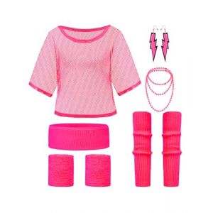 Clundoo 9PCS Costume Annee 80 Femme Fluo, Déguisement Année 80 Accessoire Femme Fluo Disco, avec T-Shirt en Maille, Un Bandeau, Manchette, des Jambières, Un Collier, des Boucles d'oreilles (Rose) (Jianangoods, neuf)