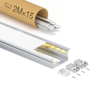 GEEKLUX 15 x Profilé LED Encastrable 2 m (30 m), Profilés en Aluminium en U pour Ruban led jusqu'à 15 mm, 26,7 x 10 mm, Rail Led avec Diffuseur LED en PC, Idéal pour Plafond et Installation Encastrée (Weijian Lighting, neuf)
