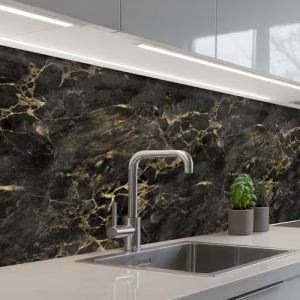 KitchenYeah&copy; Credence Cuisine Adhesive 80x200 cm Protege Mur Revetement Mural Adhesif Parement Interieur &Agrave; Coller Plaque Plastique Rigide Noir - Marbre - Or - Nerf (KitchenYeah, neuf)
