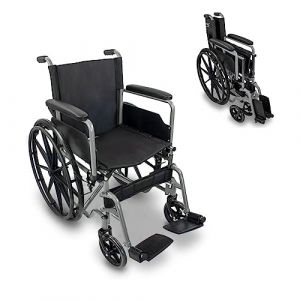 Mobiclinic®, Fauteuil roulant pliable, Marsella, Roulettes à dégagement rapide avec bouton, Robuste, Siège 46cm, Repose-pieds pliants, Accoudoirs pliables, Poignée de frein, Roues 12" (Queraltó, neuf)