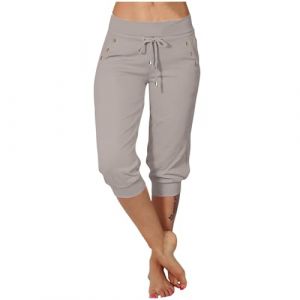Legging court 3/4 d'été pour femme - Taille haute - Coupe ajustée - Couleur unie - Stretch - Respirant - Short de sport d'extérieur - Taille élastique - Avec cordon de serrage et poches - S-3XL, gris (yysmgii, neuf)