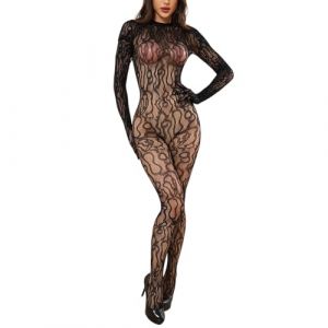 PARUPRUP Bodystockings Femme en Dentelle L&eacute;opard Catsuit Une Pi&egrave;ce R&eacute;sille Transparente &agrave; Manches Longues Fishnet Body Combinaison (jacquard body) (lichao1233, neuf)