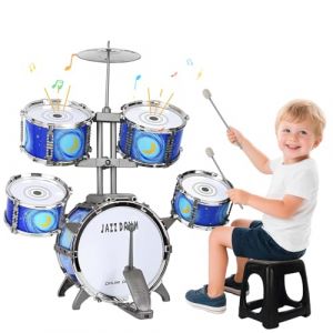 Batterie Enfants Jouet Tambours Kit, Jazz Set 5 Pi&egrave;ces avec Tabouret Percussion Musique Drum Set Anniversaire Cadeaux de No&euml;l pour 3 4 5 6 7Gar&ccedil;ons Filles, Bleu (Blinksy BuyNest Marketshop Kft., neuf)