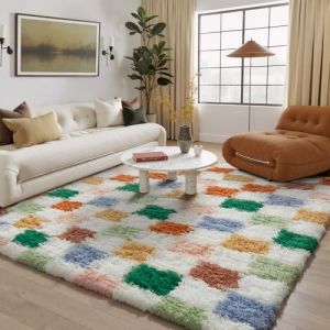 HUGEAR Tapis Salon Shaggy Damier Tapis Chambre Adulte Fille Doux Moelleux Descente de lit Antid&eacute;Rapant Moderne Grand Tapis Multicolore Blanc 160&times;230cm Decoration Chambrel (RONGBEN, neuf)