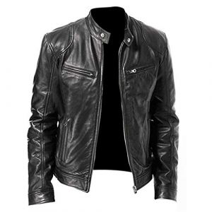 Veste en cuir PU pour homme, noir, couleur unie, blouson de motard, chaud, coupe-vent, avec poches, pour les sports de plein air, style vintage, Noir , XXXL (Qi&Qi, neuf)