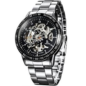 Alienwork IK Montre Automatique Homme Femme Argent Bracelet en Métal Acier Noir Squelette Fond de Verre (?Alienwork, neuf)