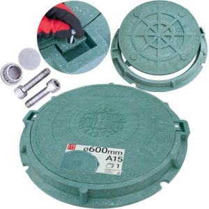 Couvercle de regard rond 600 mm A15 vert avec cadre renforcé, plaque de regard en polymère-sable 1,5t, couvercle fosse septique plastique, regard eau pluviale, caniveau exterieur (LUN FIX, neuf)