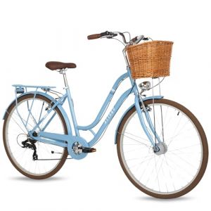 ATTABO City 28" - V&eacute;lo de ville pour femme, cadre 19", roues 28", 7 vitesses, panier en osier, porte-bagages de 15 kg, LED, garde-boue - Confortable et &eacute;l&eacute;gant (Sportano, neuf)