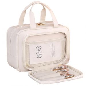 SYEXDZON Trousse de Toilette Pleine Taille, Grande Trousse de Maquillage &agrave; Ouverture Large, Trousse Cosm&eacute;tique de Voyage avec Plusieurs Compartiments (Beige) (FASHION Store, neuf)