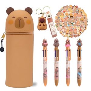 CYGMRFH Trousse Capybara avec Stylo Multicolores, Porte-cl&eacute;s, Trousse 2 en 1 en Silicone Extensible, Papeterie Scolaire Kawaii, Cadeau pour Enfant, Fournitures Scolaires et Autocollants (C1) (huangyiweijiatingnongchangyouxiangongsi, neuf)