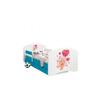 Happy Babies - LIT D'ENFANT DOUBLE FACE AVEC TIROIR Design Moderne Avec Bords S&ucirc;rs et Matelas en Mousse Antichute 7 cm Bleu (Ours avec des ballons, 190x90) (EuroTrip, neuf)