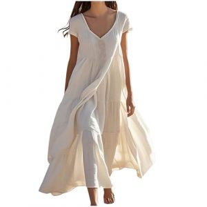 Femme Robe Boheme Chic Coton Lin Manches Longues/Manches Courtes Robe Col V Elegant Robes Swing D'éTé Plage DéContracté Maxi Robes Grande Taille Couleur Unie BohèMe Mi-Longue Dress (HAOLEI  FR, neuf)