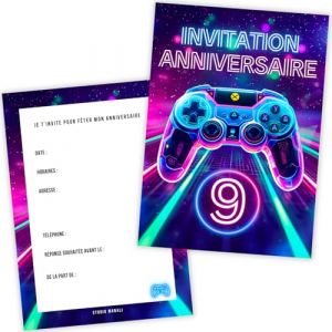 STUDIO MANALI Carte invitation anniversaire gar&ccedil;on 9 ans &ndash; Th&egrave;me jeux vid&eacute;o gamer &ndash; Cartes pr&eacute;remplies enfant &ndash; Kit 12 invitations f&ecirc;te gaming (Studio Manali, neuf)