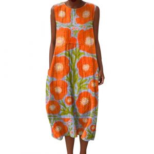 Robe &Eacute;t&eacute; Femme Grande Taille Fleurie Lin Sans Manches Trap&egrave;ze Coton Ample Col Rond Longue Fluide D&eacute;contract&eacute;e Boh&egrave;me Tunique &Eacute;l&eacute;gante Chic Casual Vacances de Plage en Tendance &eacute;T&eacute; Casuel Leurs Robes (HONGRUNG, neuf)