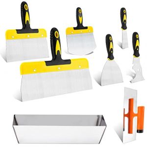 xinfedi 8 Pièces Set Spatule Acier, Spatules en Acier Inoxydable comprenant Couteau à Enduire,Multifonctions Spatule Mastic, Truelle à Plâtre, Grattoir à Seau et un Bac Enduit (loagaEU, neuf)