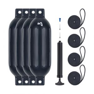 Mesle Pare-Battage Dura Lot de 4 avec Corde & Pompe, ø 16 cm | 58 cm Long, Défense de Bateau Yacht Jet-Ski, Bouée Pare Battage cylindrique Gonflable (Mesle Watersports, neuf)
