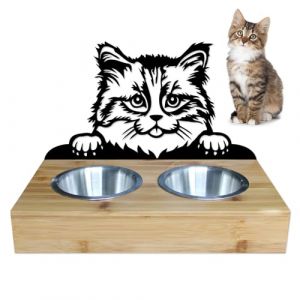 LEFEVRE PARIS &bull; Support gamelles pour Chat en m&eacute;tal et Bois/Bambou Personnalisable. Gamelle Chat personnalis&eacute;e. 2 &eacute;cuelles en INOX Inclus. Longueur 350 mm, Hauteur 258 mm. Made in France (Lefevre Paris, neuf)