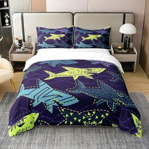 Parure de Lit 200x200 cm - Coton - Ensemble de Literie Requins, Housse de Couette Animal des Profondeurs, Housse Couette Requins pour Enfants Ados, Couvre-Lit Bleu Violet Douillet (Suzhou yiyanyun e-commerce Co., Ltd, neuf)