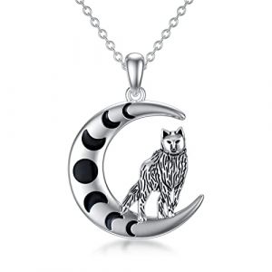 ROMANTICWORK Collier Loup en Argent Sterling Pendentif Loup Phase de Lune Cadeaux d'Anniversaire Bijoux de Loup pour Femme Homme (ROMANTICWORK Jewellery, neuf)
