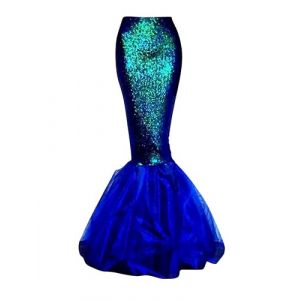 Achlibe Jupe Maxi Queue de Sir&egrave;ne &agrave; Paillettes pour Femme Costume Hologramme M&eacute;tallique Brillant Robe Queue de Poisson Jupe Asym&eacute;trique &agrave; Volants, a-bleu, L (QUWGEDG, neuf)