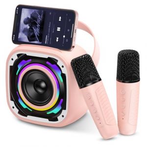 PKBD Mini Machines de Karaok&eacute; avec 2 Microphones pour Enfants, Enceinte Bluetooth Portable sans Fil avec Support T&eacute;l&eacute;phone/Lumi&egrave;re Dynamique/Effets de Changement de Voix, Rose (YYFL-FR, neuf)