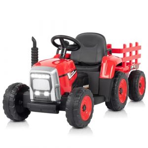 LEADZM 12V Tracteur &Eacute;lectrique pour Enfants avec Remorque Amovible, V&eacute;hicule &Eacute;lectrique Enfant avec Lumi&egrave;re LED, Musique et Klaxon, T&eacute;l&eacute;commande 2,4 GHz Rouge (VICTOPV, neuf)