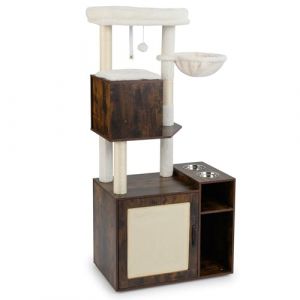 GOPLUS Meuble Litiere Chat Hauteur 155 CM, Arbre a Chat avec Niche, Hamac, Armoire Moderne pour Rangement, Maison de Liti&egrave;re, Bols d&rsquo;Alimentation, avec Planche &agrave; Griffer, Balles Suspendu, Interieur (Augenstern24, neuf)