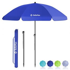 BelleMax Parasol de Plage Exterieur, avec ancre de sable 12 cm & Sac de Parasol, Inclinable sur 30°, Hauteur réglable, pour Balcon, Plage, Terrasse, Protection Solaire UV50 +,Bleu,180 cm (Ominia, neuf)