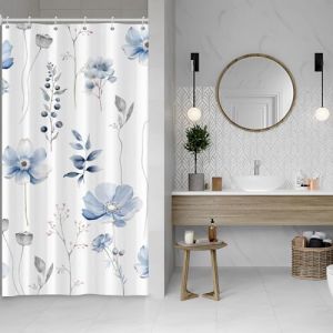ASDCXZ Rideau de douche fleurs 90x180 cm, printemps aquarelle bleu gris fleurs feuilles plantes blanc salle de bain lavable &eacute;troit rideau de douche en polyester textile imperm&eacute;able pour baignoire avec (Qingjuan Trade, neuf)