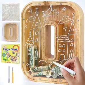 Lakpopya Tirelire en Bois Grande pour Enfant Adulte Tirelire Cochon Personnalisée de Lettres A-Z avec Zone Cible Tirelire Billet Transparente Créative pour Cadeau Décoration Baptême (O) (Never fail, neuf)