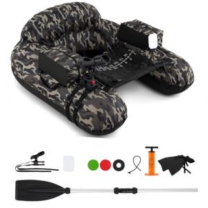 GYMAX Tube Flottant de P&ecirc;che Gonflable, Bateau de P&ecirc;che en Forme U, avec Pompe &agrave; Air, Pagaie, 2 Palmes, Support de Canne, Filet d'&Eacute;caillage, Table d'App&acirc;ts, Charge 150KG (Camouflage) (GYMAX EU, neuf)