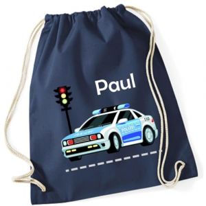 minimutz Sac de gym voiture de police personnalis&eacute; avec nom &ndash; Sac en tissu pour gar&ccedil;on &ndash; Sac de sport &agrave; tirer &ndash; 12 L &ndash; 37 x 46 cm, [01] Bleu fonc&eacute;, 37x46 cm (minimutz, neuf)