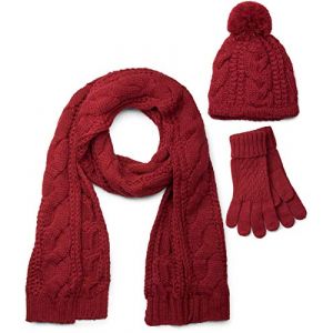 styleBREAKER Ensemble compos&eacute; d'une &eacute;charpe, d'un bonnet et de gants, &eacute;charpe loop avec motif tricot&eacute;, bonnet &agrave; pompon et gants, femmes 01018208, couleur:Bordeaux-rouge/&eacute;charpe (styleBREAKER, neuf)