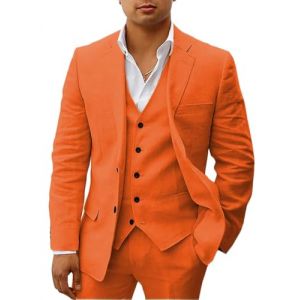 HUUTOE Costume 3 pi&egrave;ces en lin pour homme - Pour la plage, les mariages, les gar&ccedil;ons d'honneur - Costume d'&eacute;t&eacute; d&eacute;contract&eacute; - Blazer en lin - Gilet et pantalon de smoking, Orange, Taille 3XL (NicetomeeeU, neuf)