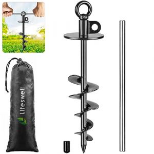 Piquet d'attache pour chien de 38,1 cm, ancre robuste pour chiens pesant jusqu'à 100 kg, sans nœuds, facile à installer et à enlever, idéal pour la cour, le camping et la plage (noir) (Lifeswell, neuf)