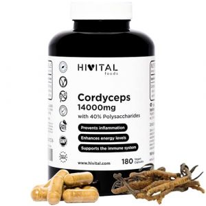 Cordyceps 14000 mg. 180 gélules végétaliennes pour 3 mois de traitement. Cordyceps Sinensis CS-4 avec 40% de polysaccharides. Extrait Naturel de Champignon Cordyceps. Fabriqué en Europe par HIVITAL (Hivital, neuf)