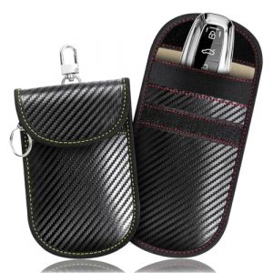 KOLZEMV Lot de 2 &eacute;tuis de blocage de signal Keyless Go pour cl&eacute; de voiture, etui anti rfid, En fibre de carbone, En cuir, Avec crochet, Cha&icirc;ne de s&eacute;curit&eacute; RFID, Anti-vol, Acc&egrave;s &agrave; distance (ZHAO CI YK, neuf)