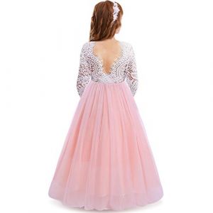 Fille Robe Manches Longues Fleur Dentelle Dos Nu Tulle Mariage Demoiselle D'honneur Premi&egrave;re Communion Bapt&ecirc;me Anniversaire F&ecirc;te De No&euml;l Soir&eacute;e Formelle Princesse Maxi Robe De Bal Rose 5-6 Ans (IBTOMCASTLE, neuf)