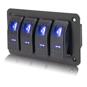 4 Gang 12V/24V Panneau de Commutateur à Bascule Interrupteur à Bascule Étanche avec lumière LED bleue et étiquettes autocollantes DIY pour Voiture RV Camion Marine Bateau (TawTop - FR, neuf)