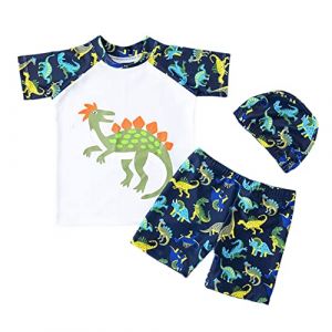 FedMois Maillot de Bain Bébé Garçon 3 pièces Combinaison Anti UV T-Shirt + Shorts + Bonnet de Bain, Dinosaures Blanc, 1-2 Ans (FedMois Store, neuf)