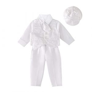 Lito Angels Vetement Tenue Bapteme Costume Blanc avec Bonnet pour Bebe Garcon, Taille 3-6 Mois (&eacute;tiquette en Tissu XS) (Lito Angels FR, neuf)