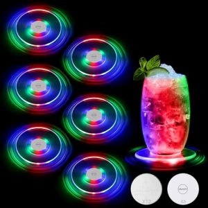 JIZZU Dessous de Verre Lumineux LED, 6 Pi&egrave;ces Dessous de Bouteille Lumineux Transparent Rond 10cm, 3 Modes d'&eacute;clairage, Convient pour Boissons, F&ecirc;te Mariage Bar-Color&eacute; (JIZZU EU, neuf)